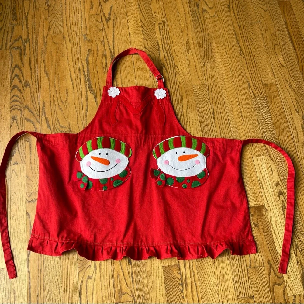 Snowman Apron with Pockets by Ritz Unisex Red Cotton Apron